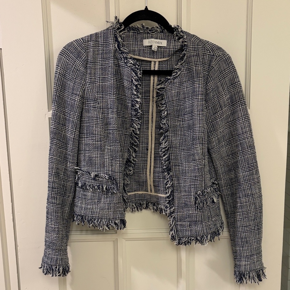 Intermix Navy and White Tweed Fringed Collarless Jacket
